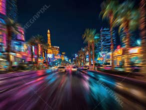 Nighttime street scene of Las Vegas Boulevard with colorful neon lights, motion blur effect, and tall buildings - AI-Generated