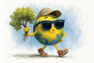 The cheerful planet Earth plants a tree and smiles.