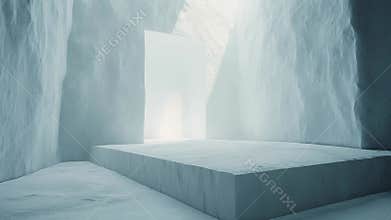 Minimalist stone podium in icy cave interior