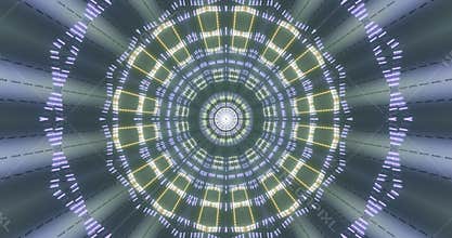 Abstract digital artwork of a circular light tunnel in soft green and lavender hues