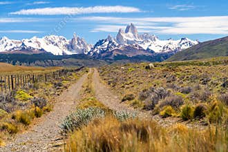 a road with a view of Fitz Roy, a peak near the village of El Chalten in southern Patagonia, Argentina, South America