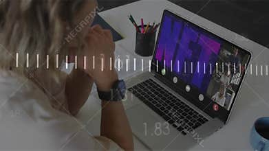 woman at desk initiating audio input while watching NFT call with waveform morphing into line graph
