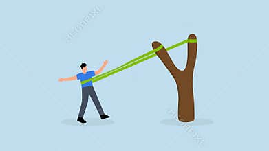 boost career development, The courageous entrepreneur stretches the rubber band in preparation to shoot the slingshot into the air