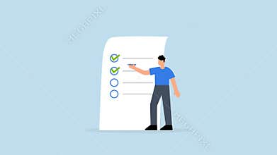 Completed checklist, Businessman is using a pen to review the project list and tick off the checkbox labeled as completed