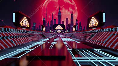 Cyberpunk City Highway Under Red Moon Loop
