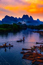 Guilin Yulong River: Sunset, Bamboo Rafts & Pastoral Scene