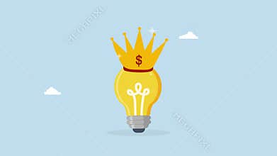creative genius, glowing bright light bulb idea lamp with golden crown