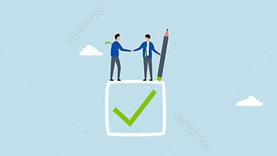 Commitment, 4k animation of businessman handshake on tick completed checkbox