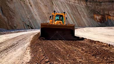Large yellow bulldozer is performing work on road construction. AI generated