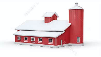Red Barn and Silo in Winter Scene: A 3D Render