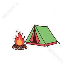 Camping Scene with Green Tent and Warm Bonfire for Leisure Adventures