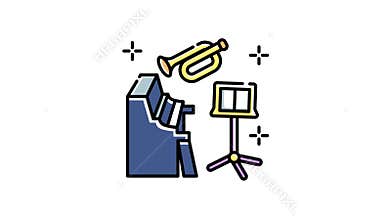 icon animation of Music practice room features piano trumpet and stand for aspiring musicians perfecting their skills