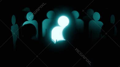 A 3D animation of a crowd of people with glowing figure in the middle.