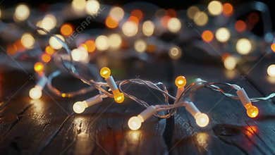 Christmas composition of warm white and orange garlands on dark wooden surface