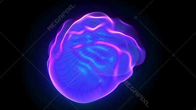 Ultraviolet glowing pixelated human brain rotates on black background