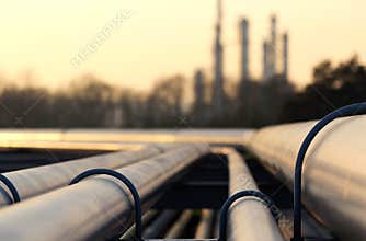 Golden steel pipes in crude oil factory