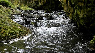 Cascade on small mountain stream, water is running