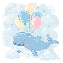 A beautiful composition of baby clip art with a cute watercolor whale and balloons. Illustration for children.