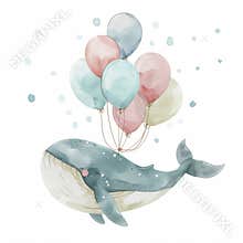 The cute watercolor flying whale lighthouse and balloons make for a beautiful baby clip art composition. Children stock