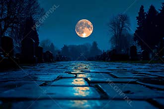 Bright full moon illuminates cemetery with stone graves and crosses in eerie nighttime atmosphere