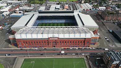 4K drone footage of Ibrox Stadium, home of Glasgow Rangers, in Strathclyde