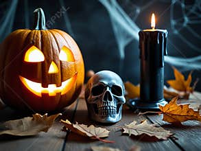 Halloween Still Life with Jack-o'-Lantern, Skull, and Candles
