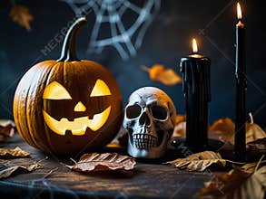 Halloween Still Life with Jack-o'-Lantern, Skull, and Candles