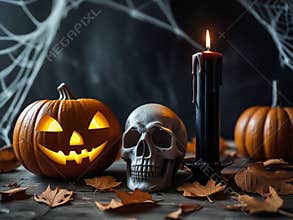 Halloween Still Life with Jack-o'-Lantern, Skull, and Candles