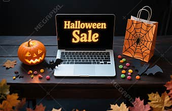 Halloween Sale on Laptop with Pumpkin and Candy