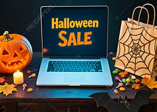 Halloween Sale on Laptop with Pumpkin and Candy