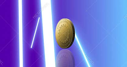 Floating gold NFT coin rotating on vertical axis while neon bars pulsing and floor reflecting spin