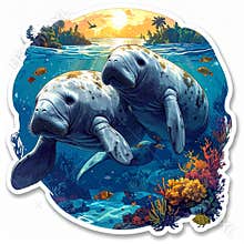 Manatees in Tropical Waters Illustration