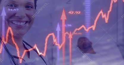 Nurse entering, placing stethoscope on chest with animated red chart monitoring vital signs rising