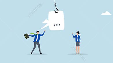 Liar, 4k animation of dishonest entrepreneur deceiving colleague with fishing lure in speech bubble