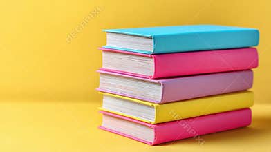 Stacked Colorful Books on a Bright Yellow Background in a Cheerful Educational Setting