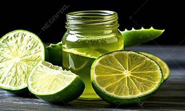 Fresh limes and aloe vera gel in a glass jar