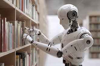 A humanoid robot carefully arranges books on high shelves in a well-lit library. Its advanced design showcases technology in a