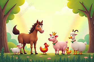 Friendly Farm Animals Gather in Sunny Forest Scene