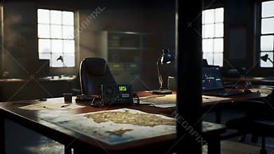 Emergency Response Drone Command Post Setup with Maps Computers and Communication Equipment in Dimly Lit Room with Tactical