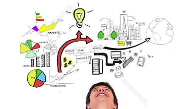 Colored animation showing business plan and a smiling man
