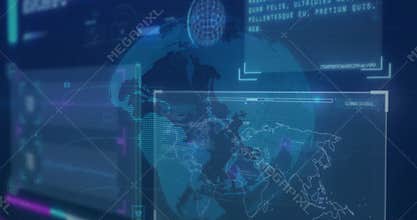 Displaying holographic globe overlaying dot map in virtual control room, showing data readouts