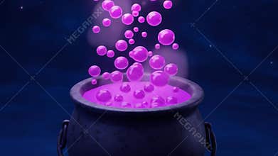 A Mysterious Cauldron Bubbling with Vibrant Purple Liquid and Enchanting Bubbles in an Otherworldly Setting, Evoking Magic and