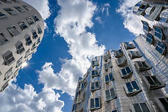 Gehry Buildings with blue sky and white clouds. Medienhafen, Media Harbor, Dusseldorf.