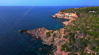 Camper van stunning view of Ibiza coastline. Best aerial view flight drone