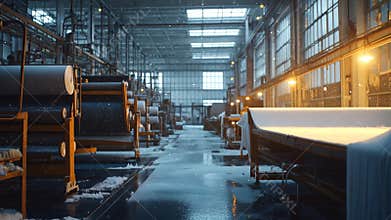 Snow falls gently in a textile factory during a quiet winter afternoon