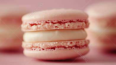 Close up of a Pink Macaron With Creamy Filling on Pink Background