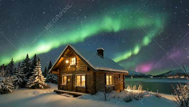 Cozy cabin glows beneath the mesmerizing aurora borealis in a serene winter wonderland scene