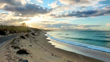 Scenic beach landscape featuring a road running alongside the coastline at sunset or sunrise