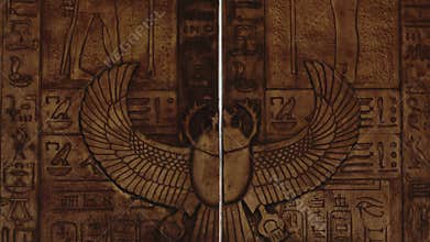Winged Scarab Beetle Carving on a Wooden Door Panel with Hieroglyphics