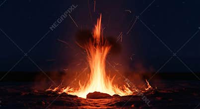 Campfire ablaze in the darkness, casting a warm glow
